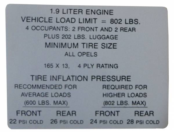 Rubber The Right Way - Tire Pressure Decal (Opel)