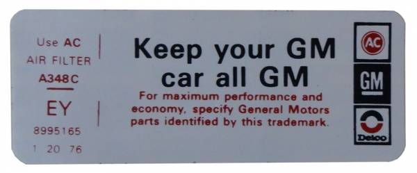 Rubber The Right Way - "Keep Your GM Car All GM" Air Cleaner Decal