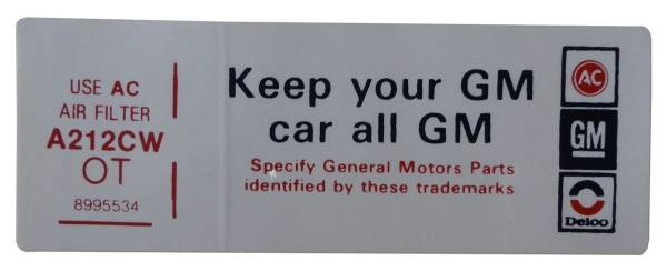 Rubber The Right Way - "Keep Your GM Car All GM" Air Cleaner Decal