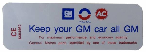 Rubber The Right Way - "Keep Your GM Car All GM" Air Cleaner Decal