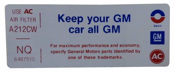 Rubber The Right Way - "Keep Your GM Car All GM" Air Cleaner Decal