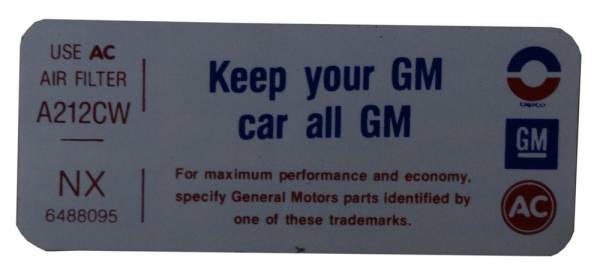 Rubber The Right Way - "Keep Your GM Car All GM" Air Cleaner Decal