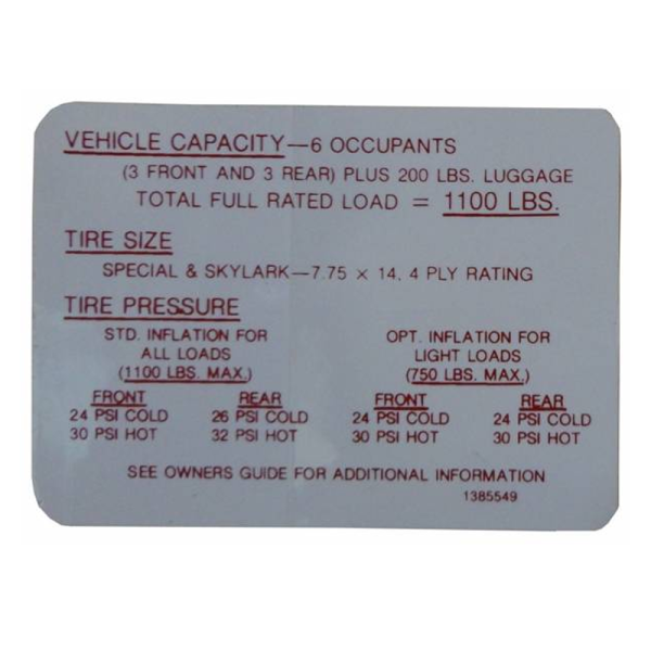 Tire Pressure Decal