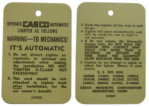"Casco" Cigarette Lighter Instructions Tag