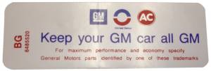 Air Cleaner Decal - "Keep your GM car all GM" - 350-4V With Heavy Duty Filter