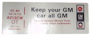 Air Cleaner Decal - "Keep your GM car all GM" -  350