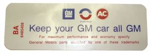 Air Cleaner Decal - "Keep your GM car all GM" - 350-2V