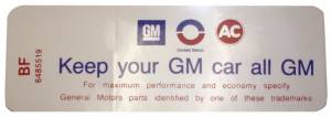 Air Cleaner Decal - "Keep your GM car all GM" - 350-2V With Heavy Duty Filter