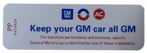 "Keep Your GM Car All GM" Air Cleaner Decal