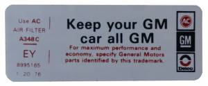 "Keep Your GM Car All GM" Air Cleaner Decal