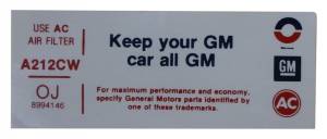 "Keep Your GM Car All GM" Air Cleaner Decal