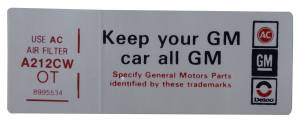 "Keep Your GM Car All GM" Air Cleaner Decal