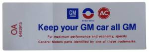 "Keep Your GM Car All GM" Air Cleaner Decal