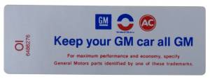 "Keep Your GM Car All GM" Air Cleaner Decal