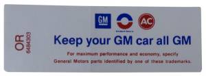 "Keep Your GM Car All GM" Air Cleaner Decal