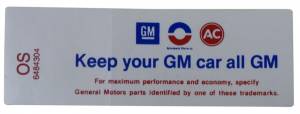 "Keep Your GM Car All GM" Air Cleaner Decal
