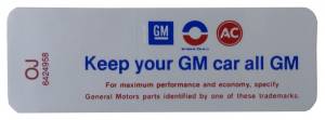 "Keep Your GM Car All GM" Air Cleaner Decal