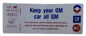 "Keep Your GM Car All GM" Air Cleaner Decal