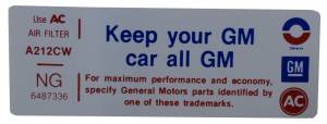 "Keep Your GM Car All GM" Air Cleaner Decal